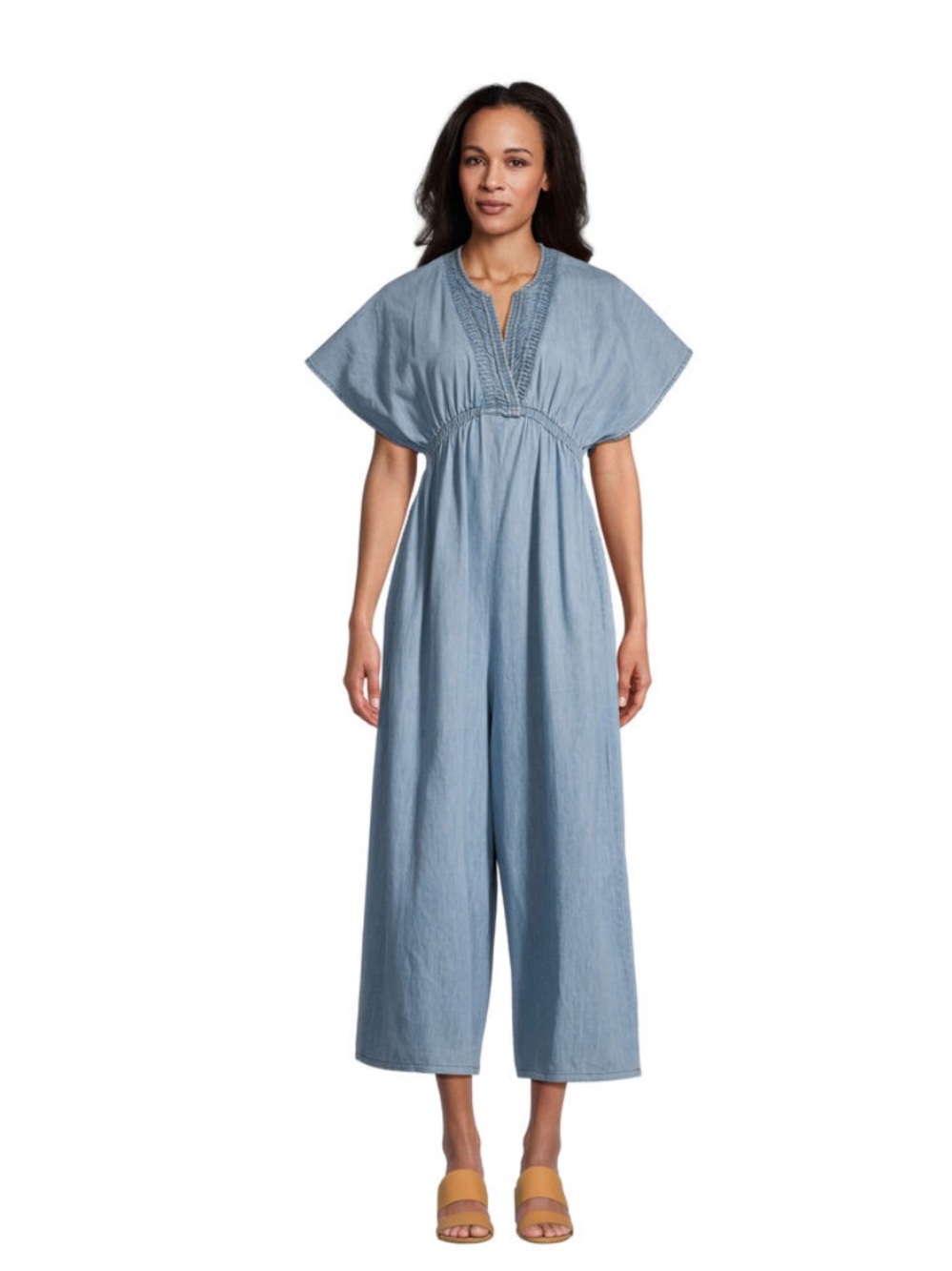 World Market Womenโs Jumpsuit Size S/M Blue Elastic Waist Pockets NEW